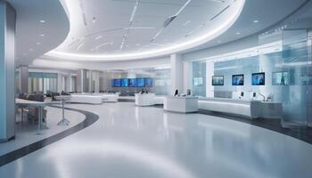 uma futurista laboratório com brilhante iluminação equipamento e abstrato decoração gerado de ai foto