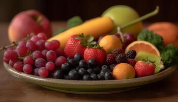 uma saudável fruta tigela com orgânico bagas e suculento uvas gerado de ai foto