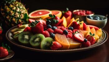 uma colorida fruta salada com fresco bagas e citrino fatias gerado de ai foto