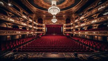 a majestoso teatro elegante arquitetura e veludo assentos iluminar performances gerado de ai foto