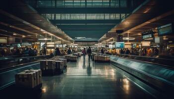 viajantes deixando aeroporto terminal, caminhando em aço piso, lotado corredor gerado de ai foto