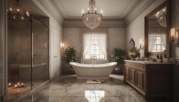 moderno elegância ilumina luxuoso doméstico banheiro com mármore pavimentos e lustre gerado de ai foto