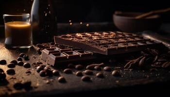 uma rústico mesa empilhado com gourmet Sombrio chocolate indulgências gerado de ai foto