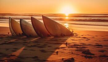 às crepúsculo, remo a abandonado barco a vela em tranquilo águas Beira gerado de ai foto