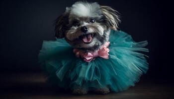 fofa papillon cachorro vestindo uma azul traje com uma coroa gerado de ai foto