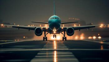 levando fora às crepúsculo, uma comercial avião ilumina a azul céu gerado de ai foto