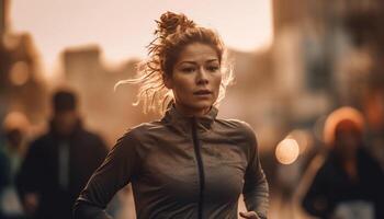 1 jovem mulher corrida ao ar livre, promovendo saudável estilo de vida e bem estar gerado de ai foto
