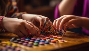 meninas jogando junto, construindo doce decorações para família celebração dentro de casa gerado de ai foto