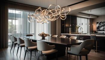 moderno luxo jantar quarto com elegante decoração e brilhante lustre gerado de ai foto