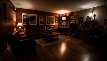 confortável poltrona e velho formado sofá dentro iluminado hotel quarto às crepúsculo gerado de ai foto