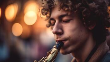 a sorridente saxofonista é praticando blues música dentro de casa para desempenho gerado de ai foto