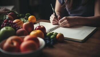 uma jovem mulher estudando Ideias para dela saudável comendo diário gerado de ai foto