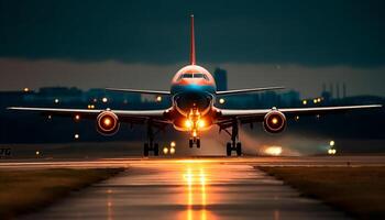 comercial avião levando fora às crepúsculo, iluminador a noite céu gerado de ai foto