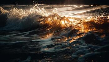 pôr do sol surfar espirrando em molhado areia, natureza líquido beleza gerado de ai foto