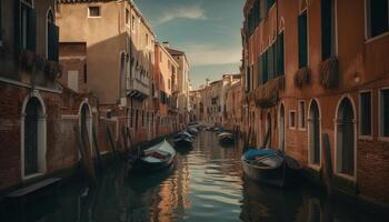 a tranquilo veneziano canal reflete a iluminado paisagem urbana às crepúsculo gerado de ai foto