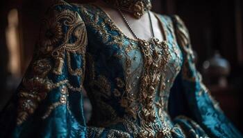 uma glamouroso noiva dentro tradicional roupas carrinhos dentro elegante azul gerado de ai foto