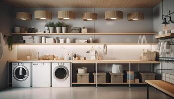 moderno cozinha com inoxidável aço eletrodomésticos, elegante projeto, e iluminação gerado de ai foto