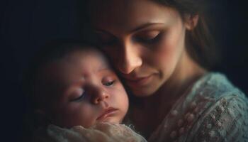 uma amoroso mãe abraços dela recém-nascido bebê dentro pacífico noite gerado de ai foto