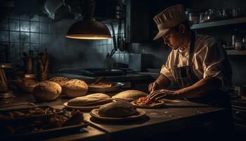 1 homem, uma chefe de cozinha, prepara caseiro pão dentro comercial cozinha gerado de ai foto