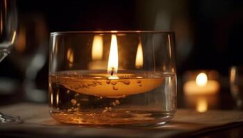 uma brilhando vela ilumina uma uísque vidro em de madeira mesa gerado de ai foto