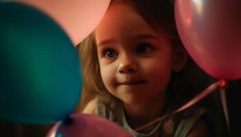 fofa caucasiano menina sorridente, segurando colorida balões às aniversário festa gerado de ai foto
