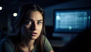 1 jovem adulto mulher, dentro de casa, olhando às computador monitor, trabalhando gerado de ai foto