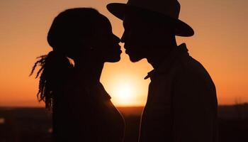 uma romântico pôr do sol abraço entre uma feliz jovem casal ao ar livre gerado de ai foto