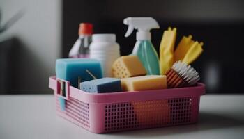 limpeza equipamento e produtos químicos dentro plástico containers para família tarefas gerado de ai foto