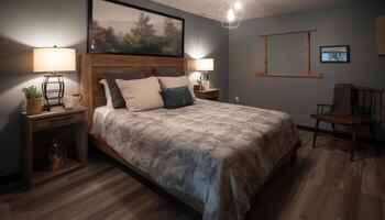 moderno luxo quarto com confortável roupa de cama e elegante decoração dentro gerado de ai foto