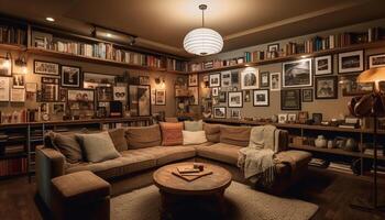 moderno luxo vivo quarto com elegante Projeto e Antiguidade estante de livros gerado de ai foto