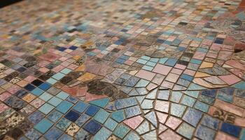 geométrico quadrado azulejos crio vibrante mosaico pavimentos dentro moderno arquitetura gerado de ai foto