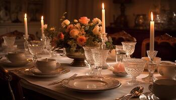 elegante banquete mesa adornado com luxuoso talheres e ornamentado decoração gerado de ai foto