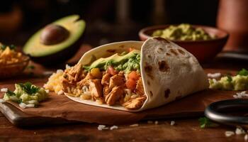 fresco guacamole e carne burrito em rústico de madeira corte borda gerado de ai foto