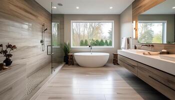 moderno elegância dentro uma luxuoso doméstico banheiro com mármore pavimentos gerado de ai foto