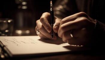 adulto aluna concentrados em trabalho de casa, escrevendo com esferográfica caneta gerado de ai foto