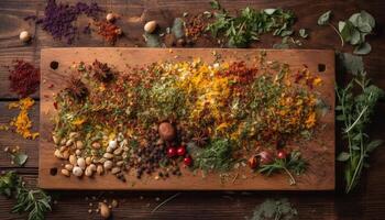 rústico outono mesa decoração com fresco orgânico Comida e ervas gerado de ai foto