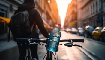 ciclismo através pressa hora tráfego, uma saudável cidade estilo de vida escolha gerado de ai foto