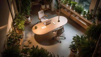 moderno escritório Projeto com confortável cadeiras, plantas, e tecnologia gerado de ai foto