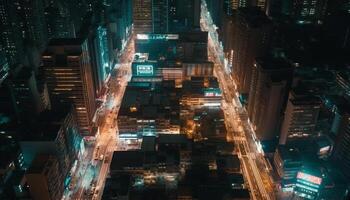 cidade Horizonte brilha com tráfego, arranha-céus, e vida noturna às crepúsculo gerado de ai foto