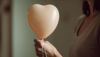 1 mulher segurando coração em forma hélio balão, sorridente às aniversário celebração gerado de ai foto