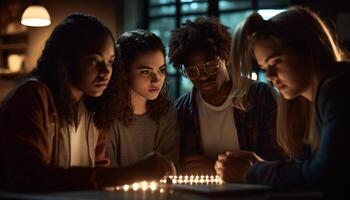 uma multi étnico grupo do jovem adultos desfrutando Aprendendo juntos dentro de casa gerado de ai foto