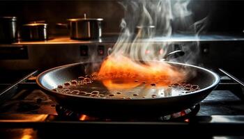 grelhado bife chia em fogão topo queimador, o preenchimento cozinha com fumaça gerado de ai foto