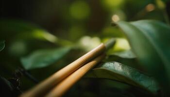 fresco verde bambu folha em de madeira mesa, japonês almoço refeição gerado de ai foto