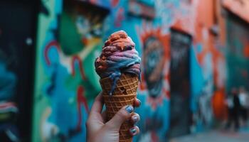 indulgente verão tratar mão segurando gourmet gelo creme cone ao ar livre gerado de ai foto