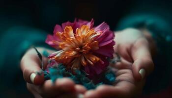 uma jovem adulto segurando uma solteiro flor, beleza dentro natureza gerado de ai foto