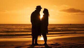 uma romântico pôr do sol abraços dois sorridente casais dentro amor ao ar livre gerado de ai foto
