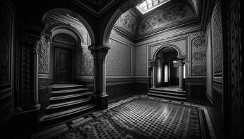 a Antiguidade porta conduz para uma escuro, elegante mármore corredor gerado de ai foto