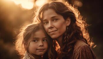 uma mãe e filha abraçar, desfrutando a beleza do natureza gerado de ai foto