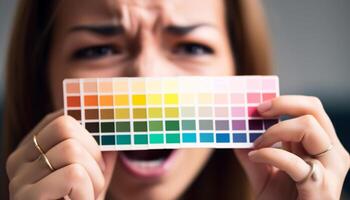 1 jovem mulher segurando multi colori pintura amostra, escolhendo cores criativamente gerado de ai foto