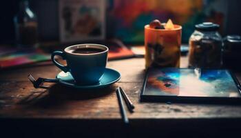 a artista bagunçado escrivaninha pintar, papel, lápis, e café caneca gerado de ai foto
